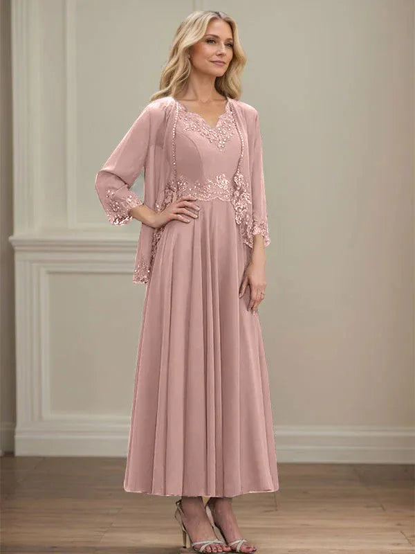 Evelina | Vestido de Chiffon en Corte A con Lentejuelas y Encaje
