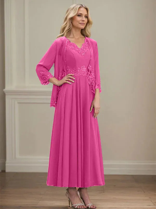 Evelina | Vestido de Chiffon en Corte A con Lentejuelas y Encaje