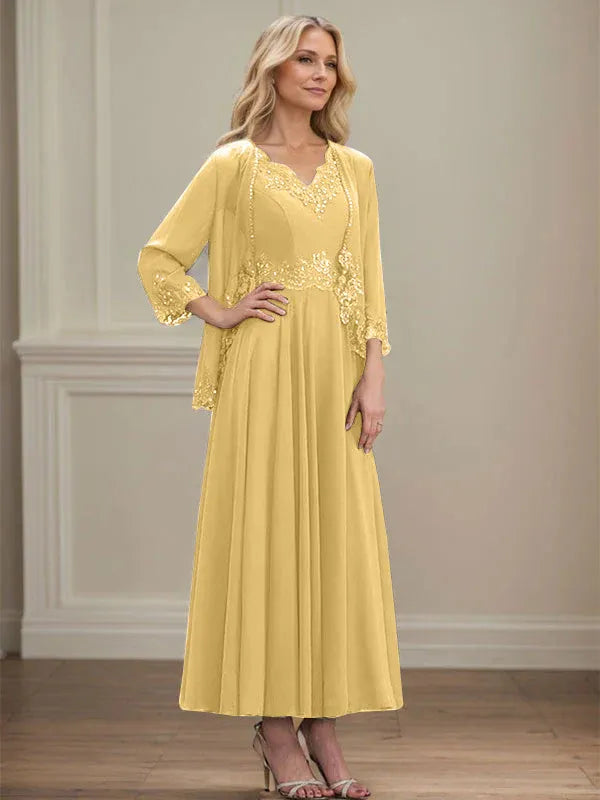 Evelina | Vestido de Chiffon en Corte A con Lentejuelas y Encaje