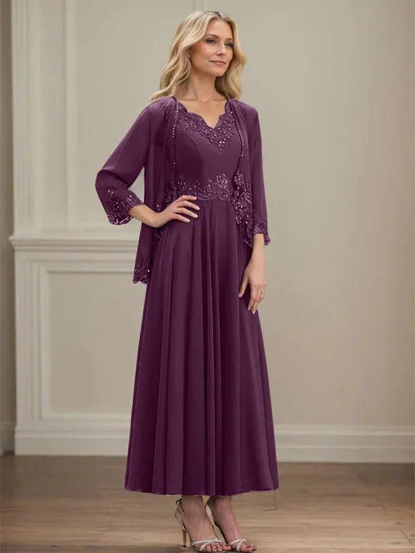 Evelina | Vestido de Chiffon en Corte A con Lentejuelas y Encaje