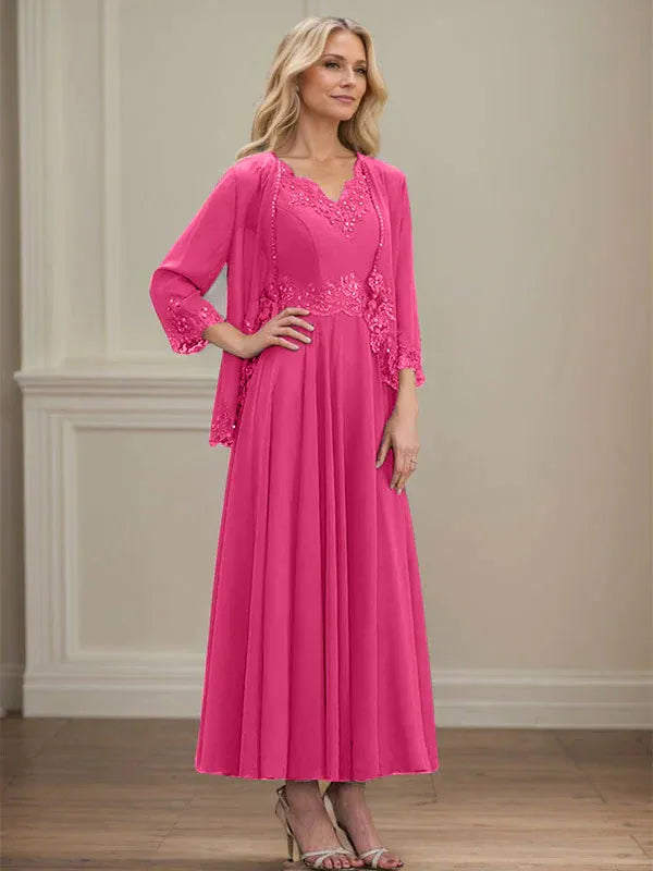 Evelina | Vestido de Chiffon en Corte A con Lentejuelas y Encaje