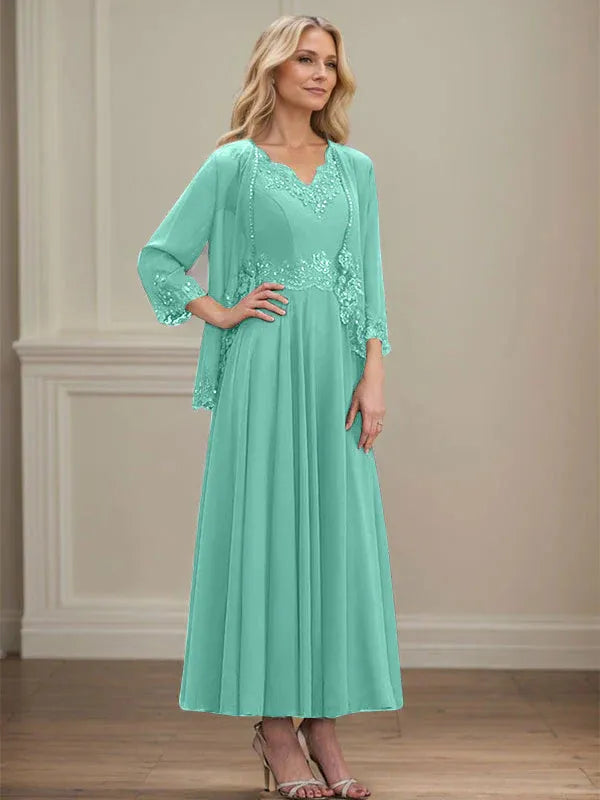 Evelina | Vestido de Chiffon en Corte A con Lentejuelas y Encaje