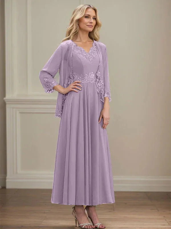 Evelina | Vestido de Chiffon en Corte A con Lentejuelas y Encaje
