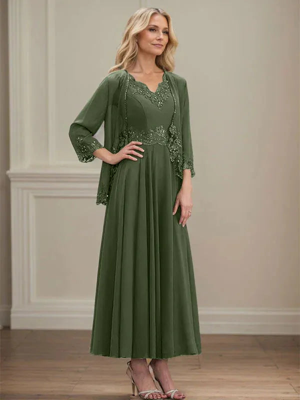 Evelina | Vestido de Chiffon en Corte A con Lentejuelas y Encaje