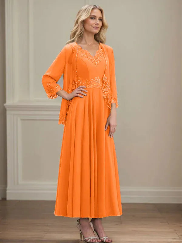 Evelina | Vestido de Chiffon en Corte A con Lentejuelas y Encaje