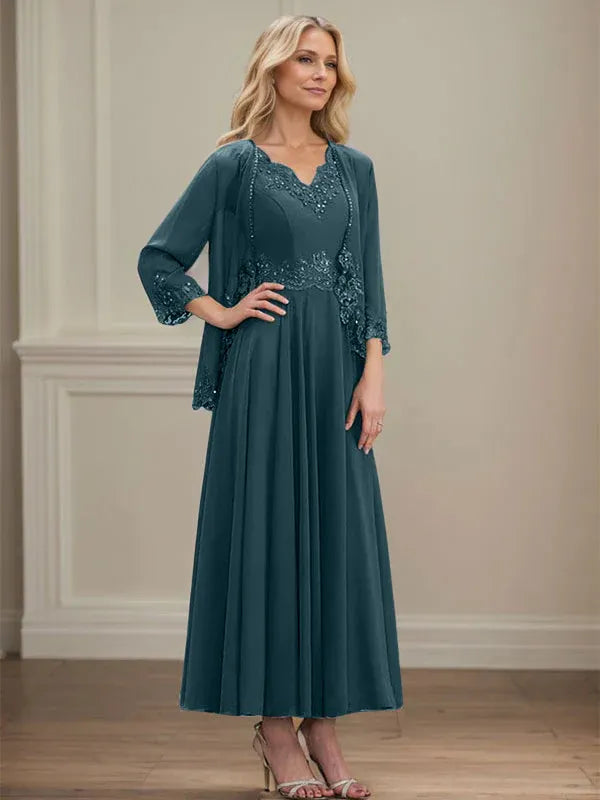 Evelina | Vestido de Chiffon en Corte A con Lentejuelas y Encaje