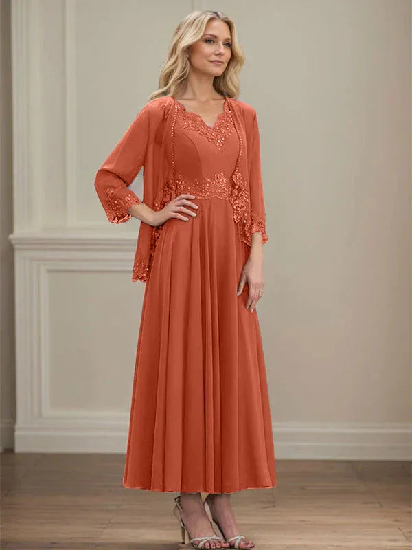 Evelina | Vestido de Chiffon en Corte A con Lentejuelas y Encaje