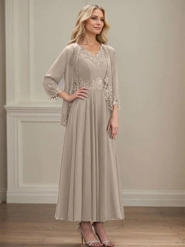Evelina | Vestido de Chiffon en Corte A con Lentejuelas y Encaje