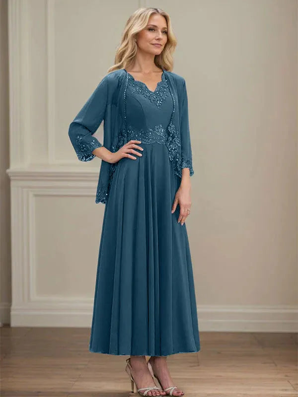 Evelina | Vestido de Chiffon en Corte A con Lentejuelas y Encaje