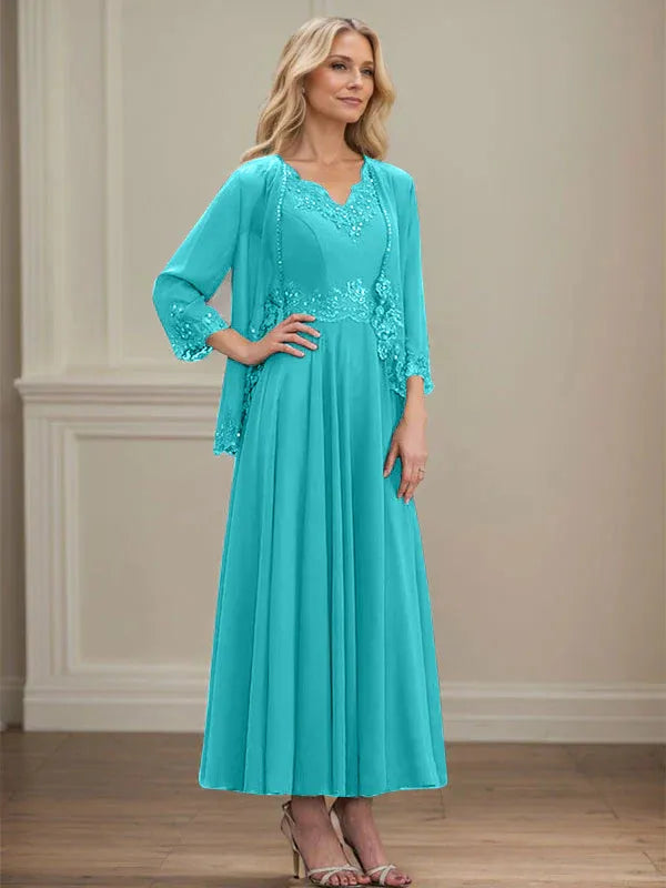 Evelina | Vestido de Chiffon en Corte A con Lentejuelas y Encaje