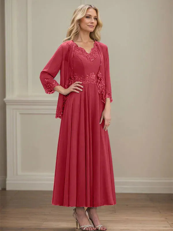 Evelina | Vestido de Chiffon en Corte A con Lentejuelas y Encaje