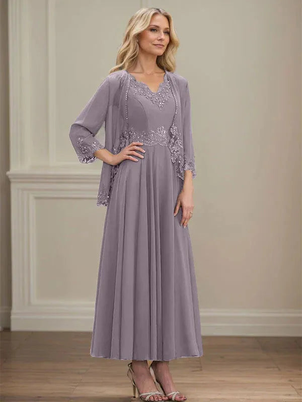 Evelina | Vestido de Chiffon en Corte A con Lentejuelas y Encaje