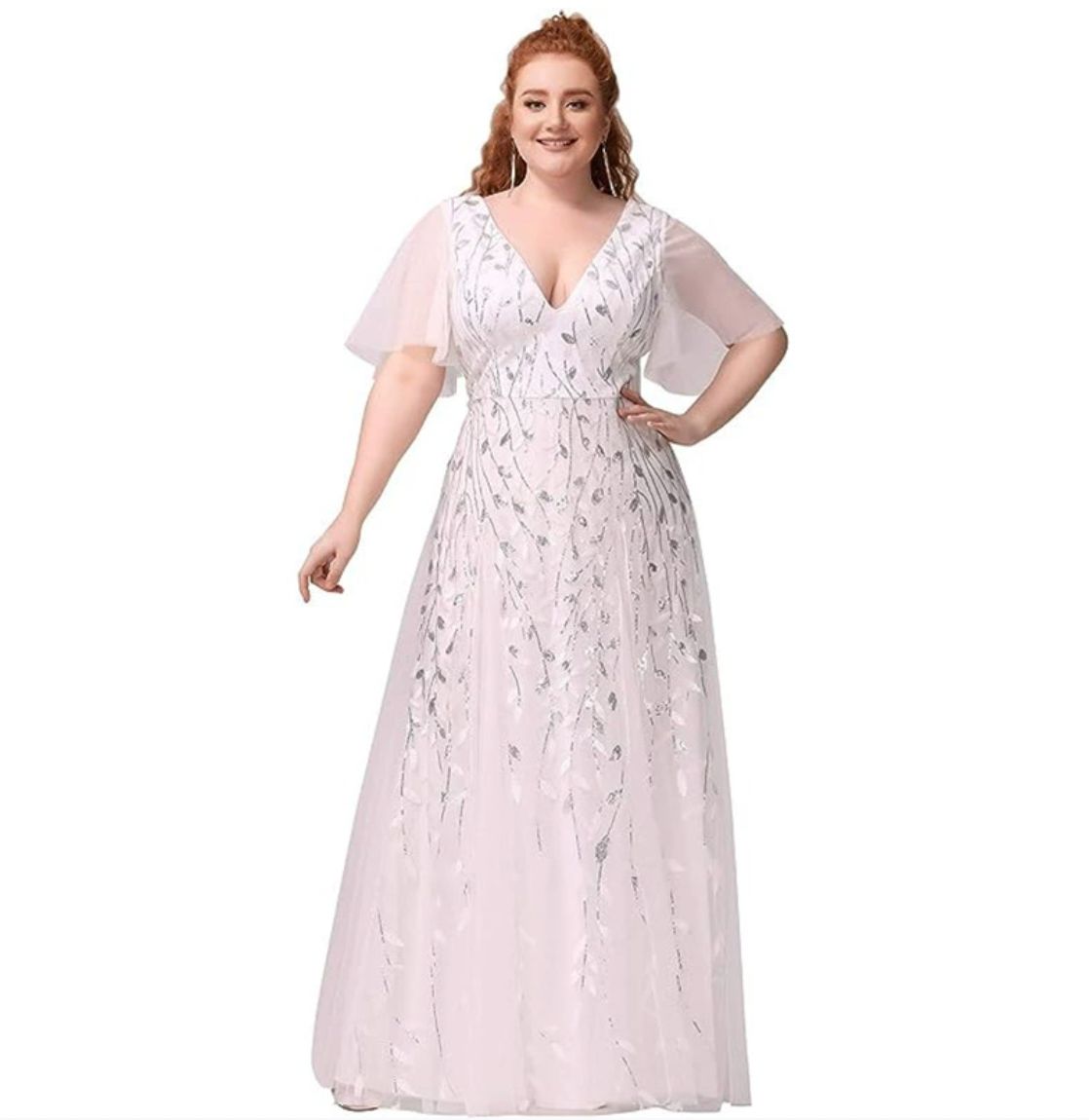 Marjorie | Vestido de Encaje y Lentejuelas de Talla Grande con Escote en V para la Madre de la Novia