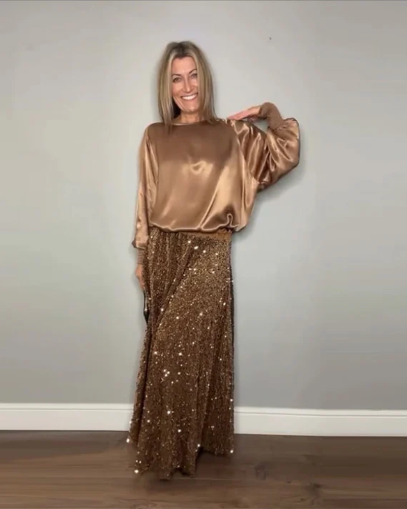 BOHÈME - TOP DE CUELLO REDONDO Y FALDA LARGA CON LENTEJUELAS